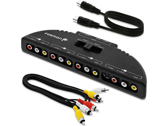 4-Way Audio/Video RCA Switch Selector/Splitter Box & AV Patch Cable for Connecti