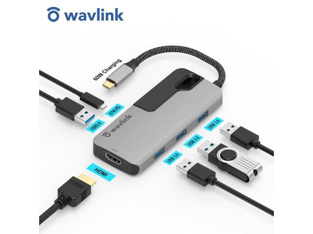 Wavlink USB C Hub, PD 6-in-1 USB C Adapter, with 87W Laptop Power Delivery, USB-C Port 4K 30Hz HDMI Port, 4 USB 3.0 Ports, for Windows and Mac.