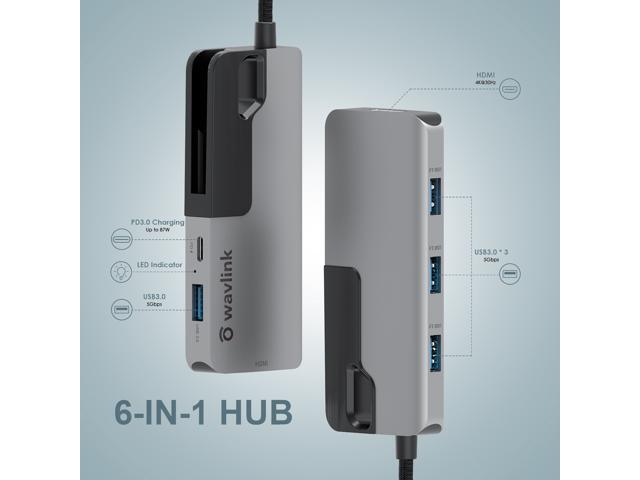 Wavlink USB C Hub, PD 6-in-1 USB C Adapter, with 87W Laptop Power Delivery, USB-C Port 4K 30Hz HDMI Port, 4 USB 3.0 Ports, for Windows and Mac.