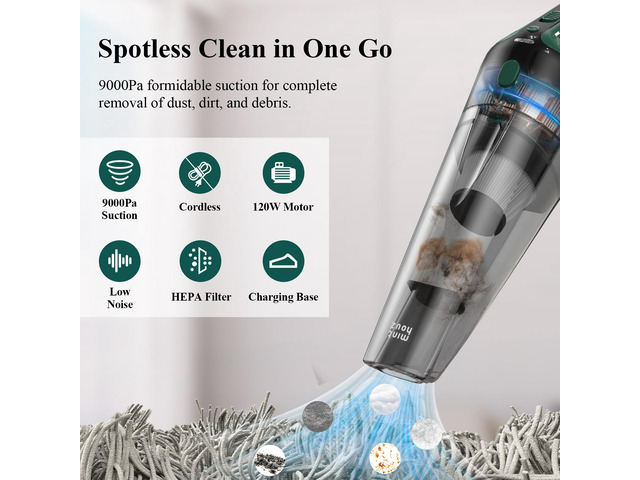 Minthouz Cordless Handheld Vacuum Cleaner - 9000Pa Strong Suction with 120W Motor, Portable Hand Vacuum with 20-30 Mins Runtime, 2-in-1 Charging...