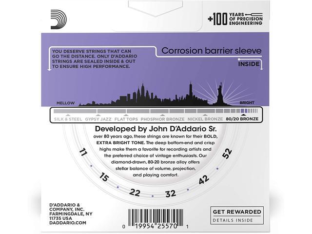 D'Addario EJ13 80/20 Bronze Acoustic Guitar Strings Set, Custom Light, 3-Pack