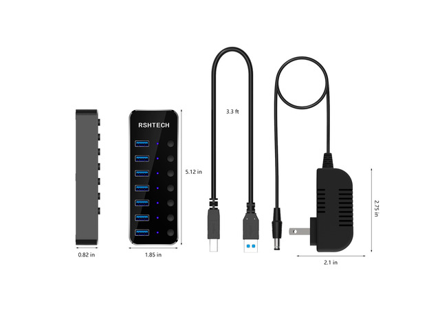 RSHTECH USB 3.0 Hub Powered 7 Port USB Data Hub Extender Aluminum USB Splitter with Individual On/Off Switches and Universal 5V AC Adapter, 3.3ft...