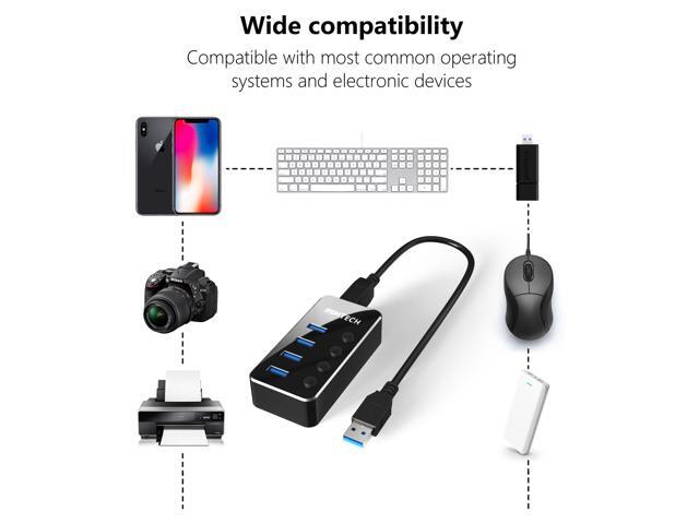 Powered USB 3.0 Hub, RSHTECH 4 Port USB Hub Splitter Aluminum USB Data Hub Expander with Individual On/Off Switch and Universal 5V AC Adapter,...