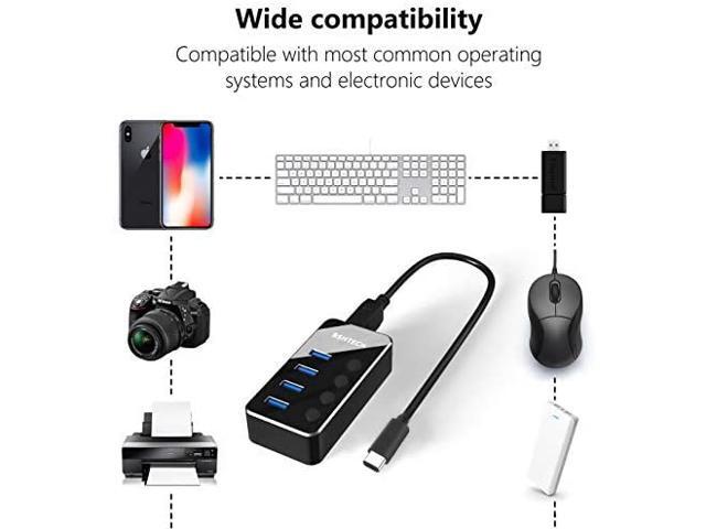 Powered USB C Hub RSHTECH Aluminum USB C to 4 USB 3.0 Super Speed Data Ports with Individual On/Off Switches and Universal 5V/2A Power Adapter...