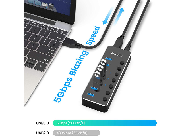 RSHTECH USB 3.0 Hub Powered 7 Port USB Data Hub Extender Aluminum USB Splitter with Individual On/Off Switches and Universal 5V AC Adapter, 3.3ft...