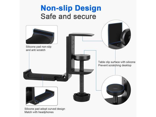 Goldmille Aluminum Headphone Stand Hanger Foldable with Cable Clip Headset Holder Clamp Hook Under Desk, Save Your Space While Working & Gaming