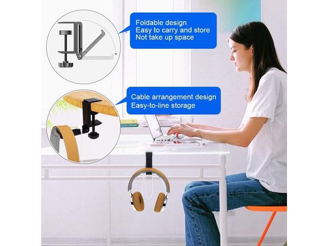 Goldmille Aluminum Headphone Stand Hanger Foldable with Cable Clip Headset Holder Clamp Hook Under Desk, Save Your Space While Working & Gaming