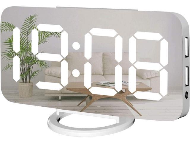 Miowachi Digital Alarm Clock,Large Mirrored LED Clock,Snooze,Dim Night Light 2 USB Charger Ports Desk Alarm Clocks for Bedroom Decor (White)
