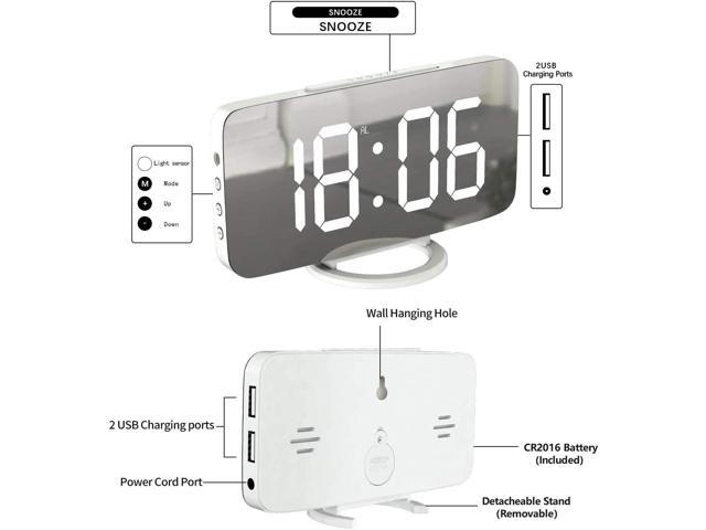 Miowachi Digital Alarm Clock,Large Mirrored LED Clock,Snooze,Dim Night Light 2 USB Charger Ports Desk Alarm Clocks for Bedroom Decor (White)
