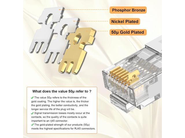 VCELINK Cat7 Cat6A RJ45 Pass Through Connectors Shielded 30-Pack, 3-Prong 50 Gold Plated Modular Plug Ethernet Ends with Strain Relief Boots (Black)