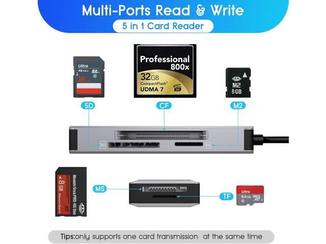 5-in-1 Multi Memory Card Reader,Aluminum SD/TF/CF/MS/M2/Micro SD Card Reader Adapter for iPhone/iPad USB C and USB A Devices,No Application...