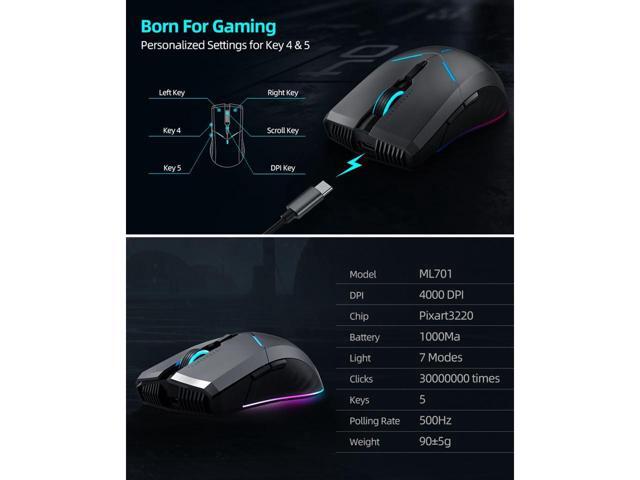 ThundeRobot ML701 Wireless Gaming Mouse, Rechargeable Computer Gaming Mouse 5 Adjustable DPI, Power Saving Mode Wireless Mouse for...