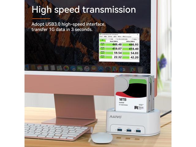 MAIWO Dual Bay Hard Drive Docking Station USB 3.0 Adapter Dock Offline Cloner Duplicator for 2.5/3.5 inch SATA HDD/SSD, with 3 USB3.0 Ports Hub,...