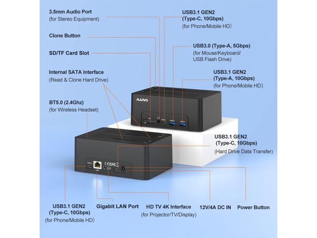 MAIWO Dual Bay 2.5 3.5 SATA HDD SSD Enclosure Duplicator Off-line Cloner, USB-C Docking Station USB 3.1 Laptop Dock, with HDTV Port/4 USB...
