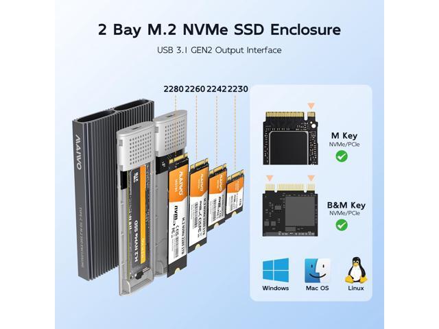 MAIWO Dual Bay M.2 NVMe SSD Enclosure, USB3.1 GEN2 10Gbps with UASP Trim, Up to 16TB, Tool Free PCIe NVMe SSD Enclosure for 2230/2242/2260/2280mm M...