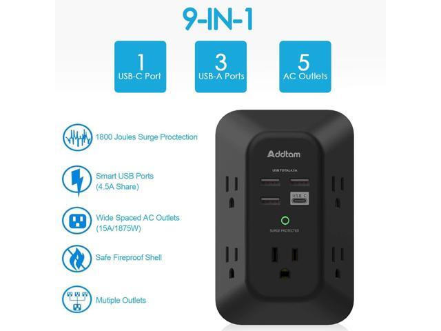 USB Wall Charger Surge Protector - Addtam 5 Outlet Extender with 4 USB Charging Ports (1 USB C), 3-Sided 1800J Power Strip Multi Plug Outlets...