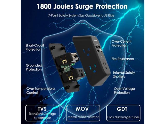 USB Wall Charger Surge Protector - Addtam 5 Outlet Extender with 4 USB Charging Ports (1 USB C), 3-Sided 1800J Power Strip Multi Plug Outlets...