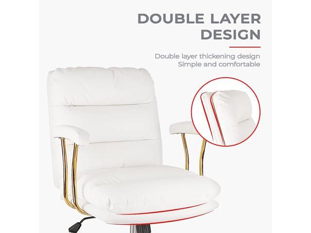 KLASIKA Ergonomic Office Desk Chair for Heavy People with Wheels and Arms, Faux Leather Computer Chair for Home Bedroom Office, White Chair Gold...