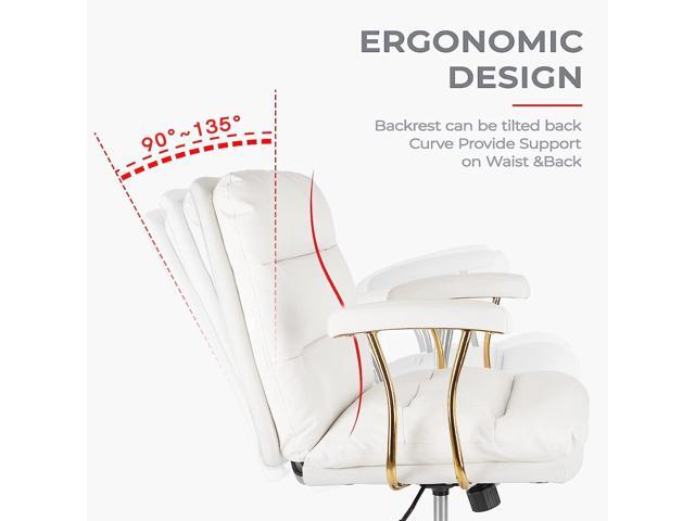 KLASIKA Ergonomic Office Desk Chair for Heavy People with Wheels and Arms, Faux Leather Computer Chair for Home Bedroom Office, White Chair Gold...