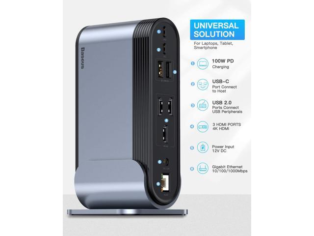 USB-C 4K Triple Display Docking Station, Baseus USB C Dock Universal Docking Station with 3 HDMI 4K, Audio, Ethernet, 5 USB Ports, 100W USB-C PD,...