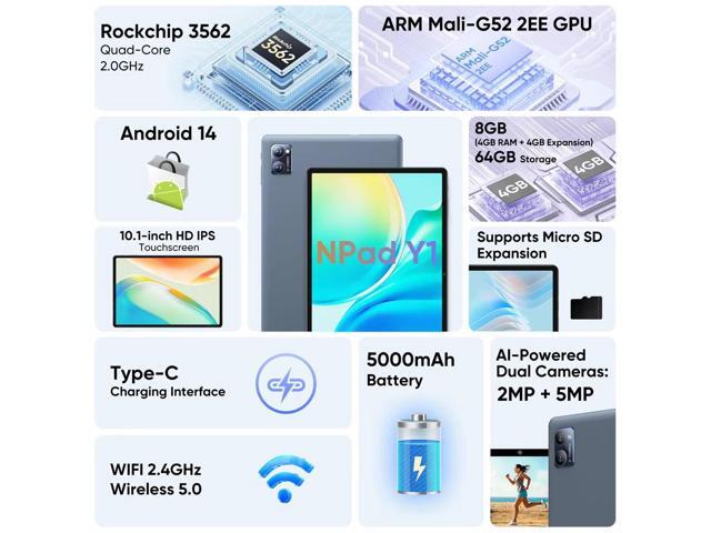 N-one Npad Y Android 14 10.1' Tablet (4+4) 8GB+128GB 1280*800 IPS Screen 4-Cores UNISOC RK3562 WIFI Study Tablet