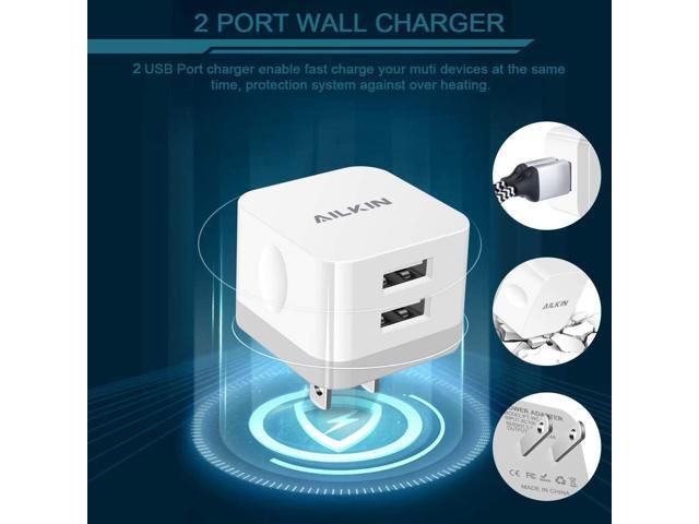 2Pack USB Wall Charger Plug, AILKIN 2.4A Dual Port USB Adapter Power Cube Fast Charging Station Box Base for iPhone 15 14 13 12 Pro Max SE 11 XR XS...