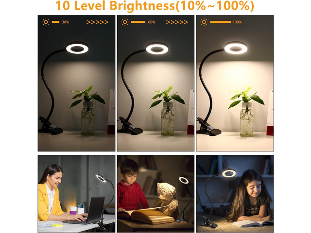 Desk Clip on Lamp for Reading Home Office, 10 Dimmable Brightness 3 Modes, Ring/ Clamp Light for Bed Headboard, Craft, Computer, Video Call