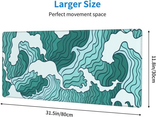 Japanese Green and White Wave Gaming Mouse Pad XL, Non Slip Rubber Base Mousepad, Stitched Edges Desk Pad, Extended Large Mice Pad,31.5 X 11.8 Inch