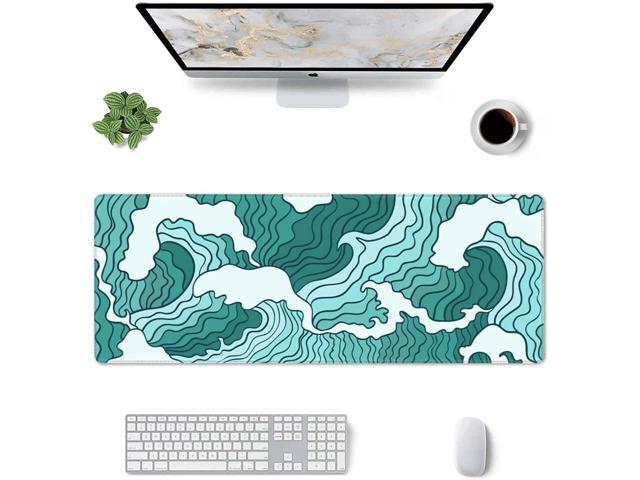 Japanese Green and White Wave Gaming Mouse Pad XL, Non Slip Rubber Base Mousepad, Stitched Edges Desk Pad, Extended Large Mice Pad,31.5 X 11.8 Inch