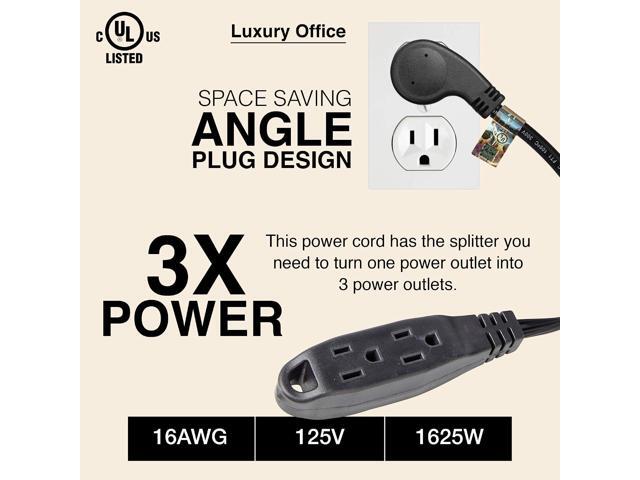 3 Way Power Splitter and 6' Extension Cord, 3 Pack With Angled Plug - 1 to 3 Cable Strip With 3 Pronged Outlets and Long Y Style Wire Black - SJT...