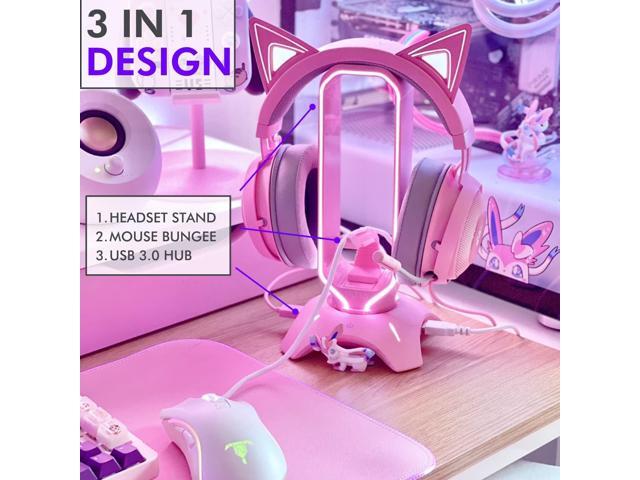 Tilted Nation RGB Gaming Headset Stand - 3 in 1 Pink with Mouse Bungee and 2 Port USB Hub Charger - The Ultimate Accessory and Gamer Gift -...