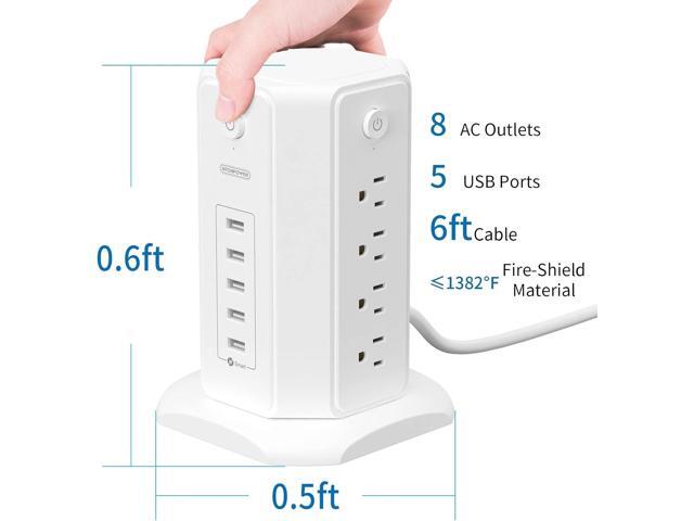 Power Strip Tower Surge Protector, NTONPOWER 8 Outlet 5 USB Desktop Charging Station 1625W 13A, 6ft Extension Cord Flat Plug, Individual Switches,...