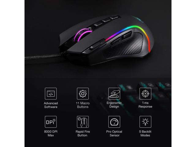 Redragon M612 Predator RGB Gaming Mouse, 8000 DPI Wired Optical Gamer Mouse with 11 Programmable Buttons & 5 Backlit Modes, Software Supports DIY...