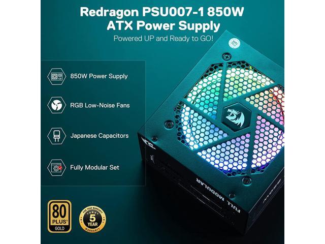 Redragon PSU007 80+ Gold 850 Watt ATX Fully Modular Power Supply w/ 80 Plus Gold Certified, Compact 160mm Size and Low Noise RGB Fan 0 RPM, 100%...