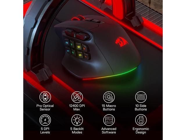 Redragon M811 Aatrox MMO Gaming Mouse, 15 Programmable Buttons Wired RGB Gamer Mouse w/ Ergonomic Natural Grip Build, 10 Side Macro Keys, Software...