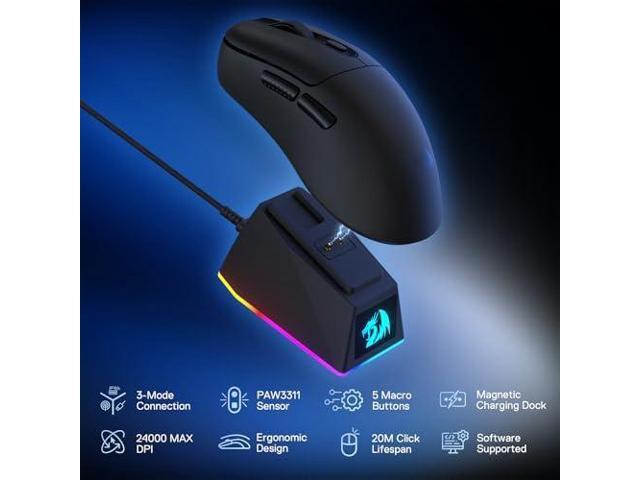 Redragon M998 Lightweight Wireless Gaming Mouse with RGB Magnetic Charging Dock, BT/2.4G Wireless/Wired Optical Mice, 24000 DPI, 5 Programmable...