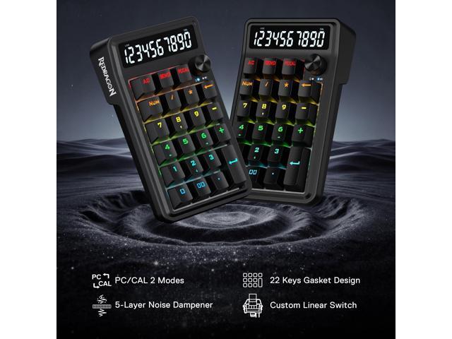 Redragon K733 Wired Gasket RGB Number Pad, 22 Keys Mechanical Numpad w/PC & Calculate Modes, 10 Digits Calculator Display, Knob Control, 5-Layer...