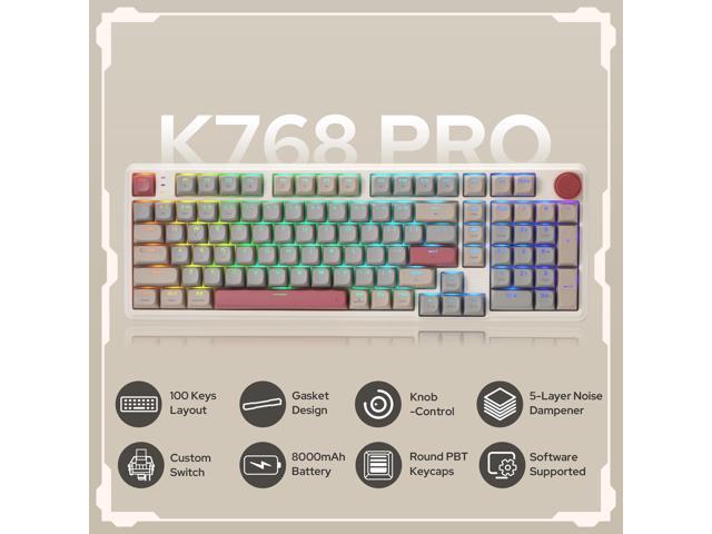 Redragon K768 PRO 100 Keys Wireless Gasket RGB Gaming Keyboard, Massive 8000 mAh PBT Mechanical Keyboard w/Hot-Swap Socket, Dedicated Knob Control...