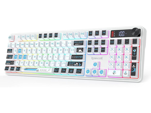 Redragon K526 PRO Wireless RGB Membrane Gaming Keyboard, LED Screen & Knob See Battery, Mode & Time at a Glance, 0-Delay Tri-Mode, One-Touch...