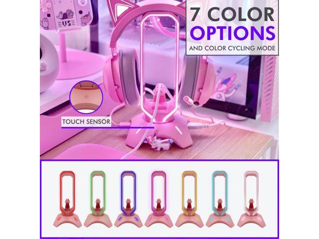 Tilted Nation RGB Gaming Headset Stand - 3 in 1 Pink with Mouse Bungee and 2 Port USB Hub Charger - The Ultimate Accessory and Gamer Gift -...