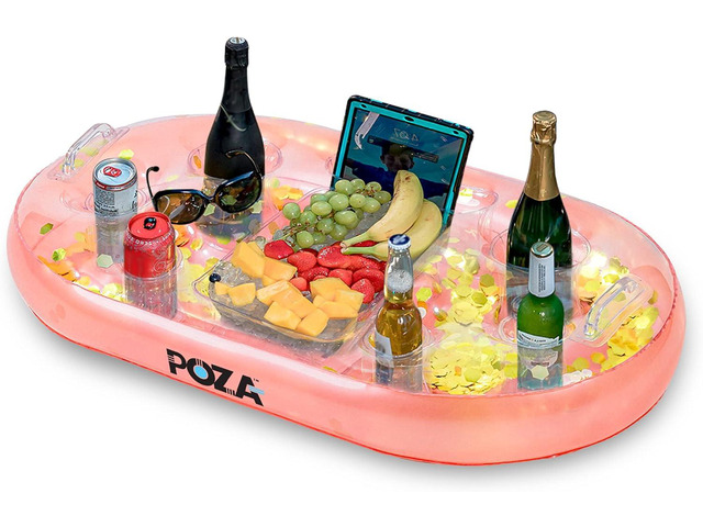 POZA Inflatable Gold Floating Cooler - Luxurious Drink Holder Filled with Sparkly Confetti, Premium Party Float with 8 Holders, Serving Bar for...