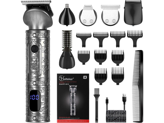 Hatteker Beard Trimmer Kit for Men Professional Hair Clipper T-Blade Beard Hair Shaver Nose Trimmer Hair Cutting Kit Body Grooming Kit Cordless 6 in 1