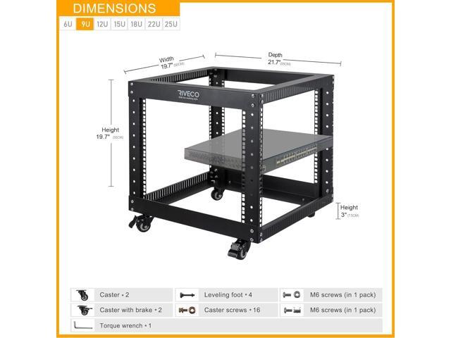 RIVECO 9U Open Frame Server Rack with Casters- Heavy Duty 4 Post Quick Assembly 19-inch, Stereo Rack Network Cabinet Black