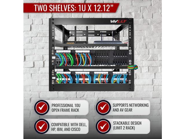 Open Frame 10U Rack for Networking, Servers, Audio, and Video Equipment, Heavy Duty 1U Vented Shelves, Wall Mounted Hardware or Floor Standing Support