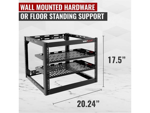 Open Frame 10U Rack for Networking, Servers, Audio, and Video Equipment, Heavy Duty 1U Vented Shelves, Wall Mounted Hardware or Floor Standing Support
