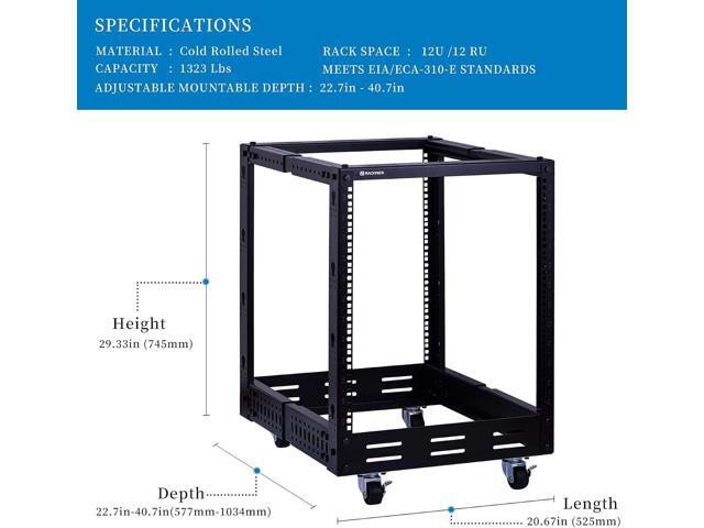 RackPath 12U Open Frame Server Rack Heavy Duty 4 Post Adjustable Depth with Casters