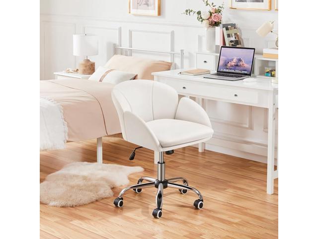 Yaheetech Cute Petal Desk Chair Home Office Swivel Upholstered Leather Makeup Vanity with Armrests for Bedroom Modern Computer Rolling Women White