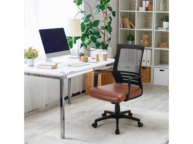 Yaheetech Mid Back Mesh Office Chair with Leather Seat Executive Office Computer Task Chair with Armrests and Lumbar Support, Brown