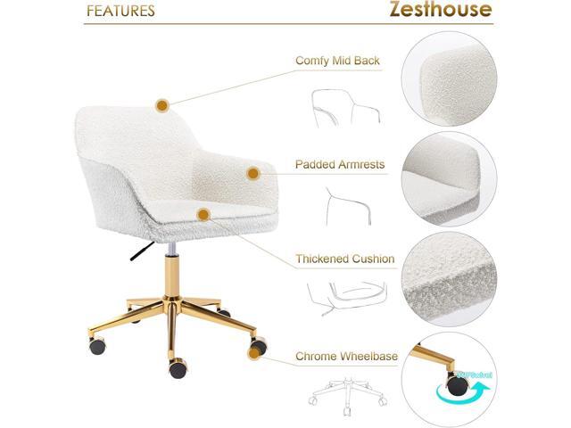 Zesthouse Boucle Home Office Chair Modern Desk Chair with Wheels, White Vanity Chair for Girls Women, Upholstered Swivel Armchair for Bedroom,...