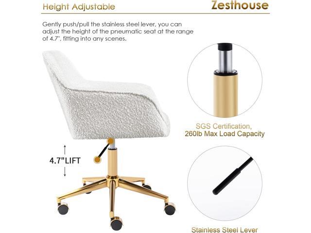 Zesthouse Boucle Home Office Chair Modern Desk Chair with Wheels, White Vanity Chair for Girls Women, Upholstered Swivel Armchair for Bedroom,...